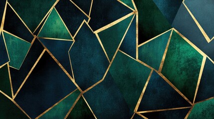 Poster - Gold-edged polygons in navy and emerald green form a geometric, luxurious backdrop with soft metallic textures and a premium feel.