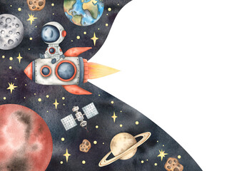 Wall Mural - Space watercolor hand-drawn frame with little astronaut, rocket, planets and stars. Cute cartoon composition for kids