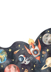 Wall Mural - Space watercolor hand-drawn frame with little astronaut, rocket, planets and stars. Cute cartoon composition for kids
