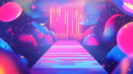 Aufkleber - Nostalgic 90s backdrop featuring abstract patterns, neon lights, and retro elements, with a large area for text placement.