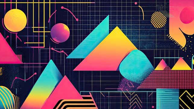 Neon-colored geometric shapes and squiggles on a 90s-inspired backdrop