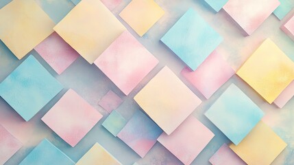 Leinwandbilder - Pastel background featuring a playful arrangement of soft pink, blue, and yellow squares, layered to create a modern abstract design.
