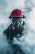 © Vladislav - A firefighter wearing an air mask and helmet is surrounded by smoke, wearing red overalls,  smoke filled environment, symmetrical composition, high contrast between light and dark