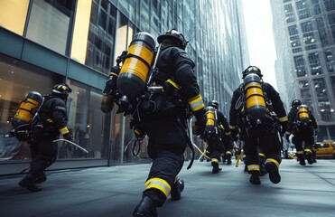 A group of firefighters in black and yellow uniforms run down the street, wearing modern protective gear and carrying air tanks on their shoulders to breathe fresh air.