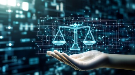 Aufkleber - Hand holding a digital 3D scale of justice with a blue glow over a dark blue digital background.