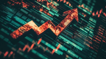 Poster - Green ascending arrow on dark digital background, representing a positive trend in technology.