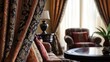 © Pannin - A close-up of richly colored curtains in a chic living room, with intricate patterns and details that reflect the homeowner's style, surrounded by tasteful furnishings.