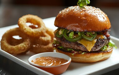 Juicy burger with onion rings and dipping sauce.