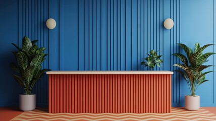 Poster - Stylish reception design with bold blue walls, geometric flooring in orange-tan, fresh plants, symmetrical layout, 3D render 