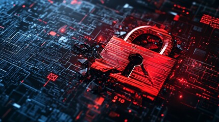 Poster - A glowing red padlock with a keyhole is shattered with cracks around it, symbolizing a breach in cybersecurity on a digital background.