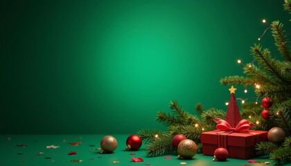 New Year's tree decorations on a green  background. Ai generated , ai