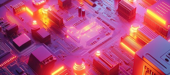 Poster - illustration of an isometric aerial view of a circuit board with glowing components and bright light bulbs
