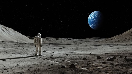 A deserted moon base, where abandoned research labs and rover tracks are half-buried in the lunar dust. The Earth is visible in the dark sky, and a lone astronaut wanders the barren landscape.