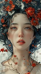 Poster - Dreamy Portrait of a Woman Adorned with Flowers