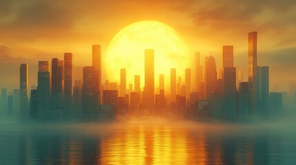 Canvas Print - A vibrant sunset over a futuristic city skyline reflecting on water.