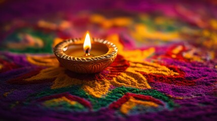 Low angle view, a single brass diya glowing brightly in the center of a vibrant rangoli made with red, green, and yellow powders, resting on a purple backdrop, copy space, happy Diwali background