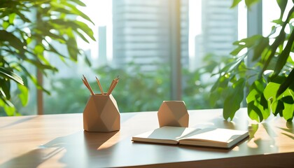 Sticker - Minimalist workspace with blank notebook and lush greenery illuminated by sunlight on rustic wooden table