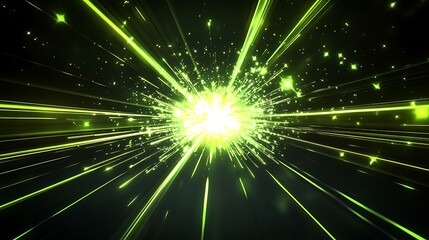 A bright green light explodes from the center of the image, radiating outwards in a starburst pattern. Tiny white stars twinkle in the surrounding darkness.