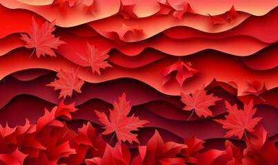 Wall Mural - An illustration of autumn leaves on a red background with copy space for modern design