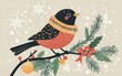 © BYAI - A festive bird adorned with a colorful sweater perched on a holly branch surrounded by delicate snowflakes during winter celebrations
