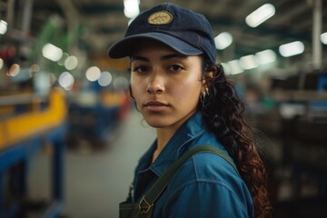 Wall Mural - Portrait of a young adult Hispanic female Assembly Line Worker