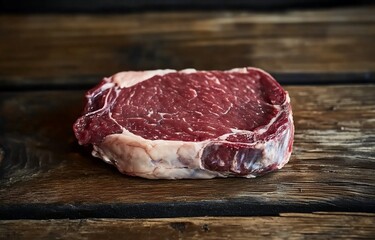 A raw ribeye steak resting on a wooden surface.