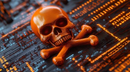 Poster - 3d render of a computer screen with programming code and a skull, showing computer security, malware