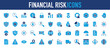 © nidhi07 - Financial Risk set of blue icons. Security Shield, Unknown, Configuration, Cost Saving, Bar Graph, Setting, Cash, Risk Management, Cogwheel, Directional Arrows vector.