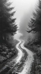 Poster - Foggy Forest Road: A Serene Path Through the Mist