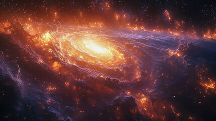 Wall Mural - a stunning spiral galaxy with bright, glowing arms radiating golden light and distant stars scattere