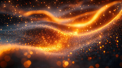 Poster - An abstract depiction of a glowing digital energy field in orange and blue, featuring bright particles and flowing lines of light