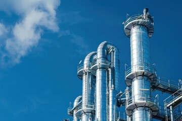  Angle of natural gas factory structure against blue sky.