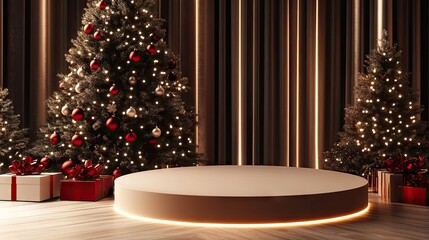 Canvas Print - A minimalist podium set against a Christmas tree backdrop, adorned with holiday decorations and warm New Year