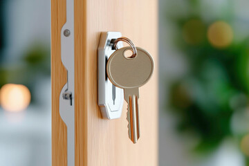 A modern office door with a sleek chrome lock and a key inserted, symbolizing security and professional access control, set in a clean, minimalist environment with soft lighting.