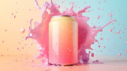 Poster - A mockup of a drink can with a dynamic liquid splash on a pastel background, creating a vibrant and energetic product display.