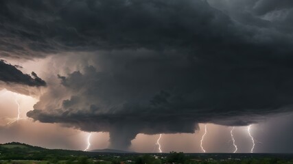 Wall Mural - A powerful thunderstorm approaching, with massive, swirling clouds in shades of gray and black, and lightning flashing in the distance
