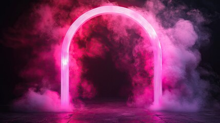 Poster - A neon pink archway with swirling smoke creates a dramatic and otherworldly atmosphere, perfect for futuristic