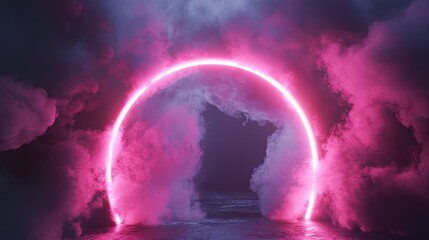 Poster - A neon pink archway with swirling smoke creates a dramatic and otherworldly atmosphere, perfect for futuristic