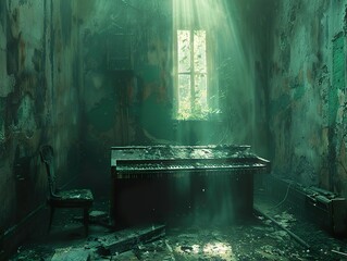 Canvas Print - Sunbeams Illuminate a Forgotten Piano in an Abandoned Building