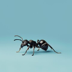 Close-up portrait of an ant in a professional studio photoshoot with a vibrant blue background, capturing the intricate details and textures of this fascinating insect.