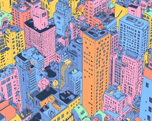  Worms-eye perspective of a bustling fantasy cityscape, modern novel characters exploring, vivid colors and details