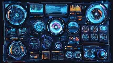 Poster - Game background design. Round HUD frames and borders. Tech background. Digital data.