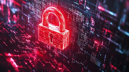 Poster - A glowing red padlock symbol hovers over a digital circuit board background, representing cybersecurity and data protection.