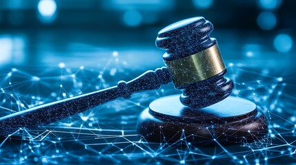 Poster - A gavel on a block with a digital network in the background, symbolizing the intersection of technology and law.