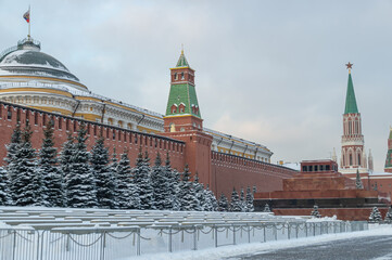 Wall Mural - View of the Kremlin Wall in winter in Moscow. The mausoleum near the Kremlin on Red Square. Snow-covered fir trees in front of the Moscow Kremlin. The Red Square.