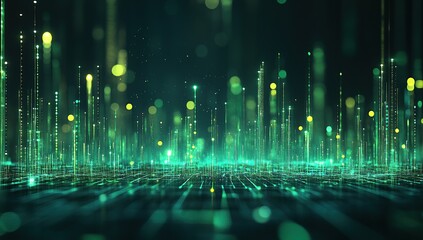 Poster - A cityscape made of glowing green data points and lines