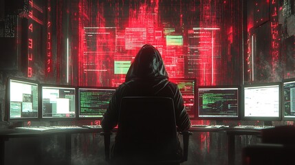 Poster - A hooded figure sits in front of multiple computer monitors, facing a screen displaying a digital code in a dark room, with the reflection of a red, glowing digital code in the glass of the monitors.