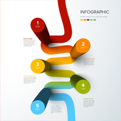 Poster - Vector light multipurpose Infographic template made from color vertical  cylinder steps  chart with numbers descriptions color stripes and legend - white background version with 5 steps elements