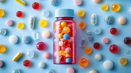 a bottle of colorful gummy chewable supplements surrounded by scattered gummies on light blue background