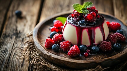 Creamy dessert topped with berries and sauce.